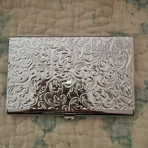 Etched metal, silver, card holder. Business card, gift cards or credit cards